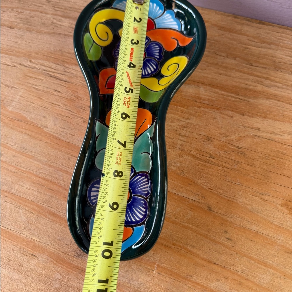 Hand-Painted Floral Talavera Spoon Rest in Dark Green with Bright Accents - Picture 4 of 5
